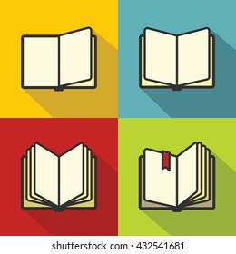 Book icons with long shadow in colored flat line style