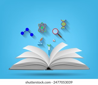 Libro e iconos de conceptos científicos. Ilustración vectorial