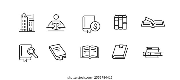 Book icons. Set of 10 book-related trendy minimal icons. Examples include Open Book, Audio Book, PDF Document, Financial Report, Download, and Bookmark icon. Design for web page. Vector illustration