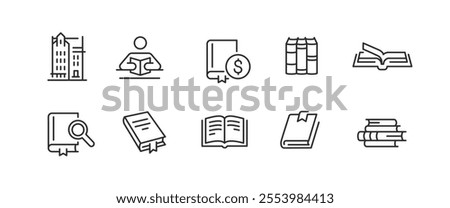 Book icons. Set of 10 book-related trendy minimal icons. Examples include Open Book, Audio Book, PDF Document, Financial Report, Download, and Bookmark icon. Design for web page. Vector illustration