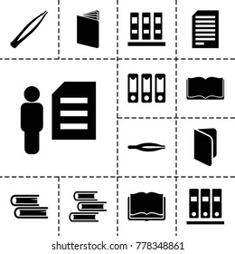Book icons. set of 13 editable filled book icons such as tweezers, book, binder, man and document