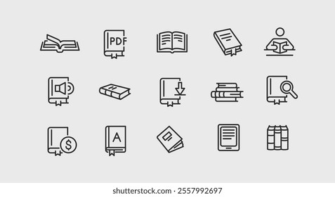 Book icons. Set of 15 book-related trendy minimal icons. Examples include Open Book, Audio Book, PDF Document, Financial Report, Download, and Bookmark icon. Design for web page. Vector illustration