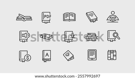 Book icons. Set of 15 book-related trendy minimal icons. Examples include Open Book, Audio Book, PDF Document, Financial Report, Download, and Bookmark icon. Design for web page. Vector illustration