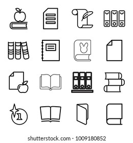Book icons. set of 16 editable outline book icons such as explosion, feather and paper, paper, notepad, paper and apple