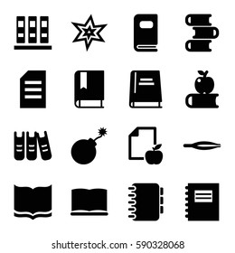 book icons set. Set of 16 book filled icons such as tweezers, explosion, book, paper and apple, binder, photo album, notepad