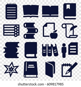 Book icons set. set of 16 book filled icons such as wooden wall, explosion, book, feather and paper, paper and apple, notebook, binder