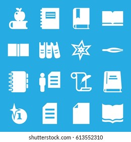 Book icons set. set of 16 book filled icons such as tweezers, explosion, book, feather and paper, binder, man and document, notepad