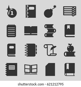 Book icons set. set of 16 book filled icons such as wooden wall, explosion, feather and paper, notebook, photo album, notepad