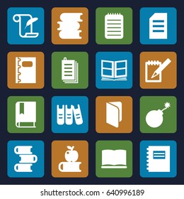 Book icons set. set of 16 book filled icons such as explosion, book, feather and paper, paper, binder, photo album