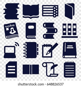 Book icons set. set of 16 book filled icons such as wooden wall, book, feather and paper, magazine, laptop, notebook, photo album, binder