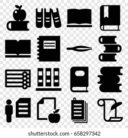 Book icons set. set of 16 book filled icons such as wooden wall, tweezers, feather and paper, paper and apple, paper, binder, man and document