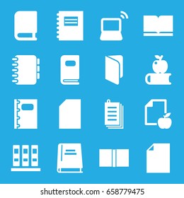 Book icons set. set of 16 book filled icons such as paper and apple, paper, laptop, notebook, photo album, notepad
