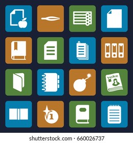 Book icons set. set of 16 book filled icons such as wooden wall, book, tweezers, explosion, paper and apple, paper, magazine, notebook