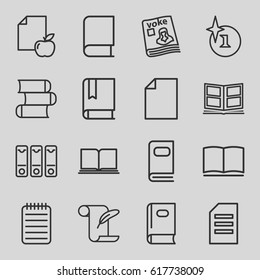 Book icons set. set of 16 book outline icons such as book, explosion, feather and paper, paper and apple, magazine, notebook, binder, photo album
