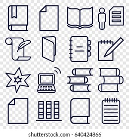 Book icons set. set of 16 book outline icons such as explosion, book, feather and paper, laptop, notebook, binder, paper