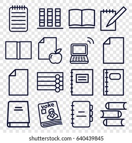 Book icons set. set of 16 book outline icons such as wooden wall, book, paper and apple, magazine, laptop, notebook, notepad, binder