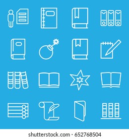 Book icons set. set of 16 book outline icons such as wooden wall, book, explosion, feather and paper, notebook, binder