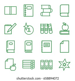 Book icons set. set of 16 book outline icons such as wooden wall, book, explosion, paper and apple, binder, photo album, notepad
