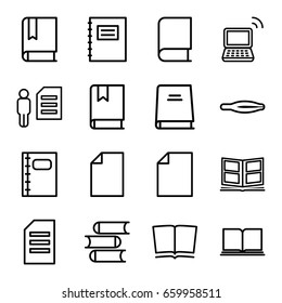 Book icons set. set of 16 book outline icons such as tweezers, book, laptop, notebook, photo album, paper, notepad