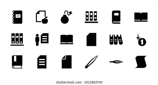 Book icons. set of 18 editable filled book icons: tweezers, paper, binder, book, paper and apple, man and document, photo album, explosion