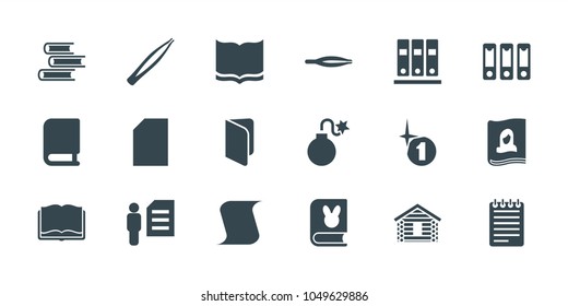 Book icons. set of 18 editable filled book icons: tweezers, book, paper, man and document, binder, wooden wall, explosion, magazine