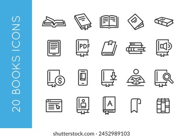 Book icons. Set of 20 book-related trendy minimal icons. Examples include Open Book, Audio Book, PDF Document, Financial Report, Download, and Bookmark icon. Design for web page. Vector illustration