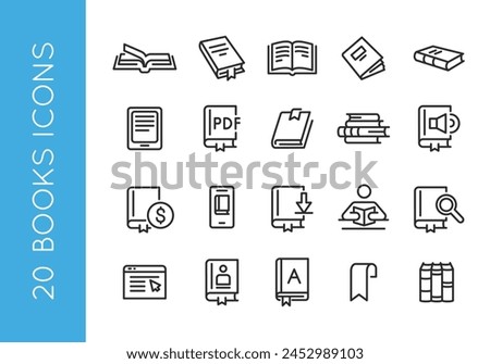 Book icons. Set of 20 book-related trendy minimal icons. Examples include Open Book, Audio Book, PDF Document, Financial Report, Download, and Bookmark icon. Design for web page. Vector illustration