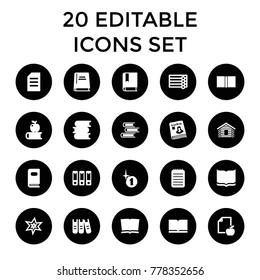 Book icons. set of 20 editable filled book icons such as wooden wall, explosion, paper, paper and apple, magazine, binder. best quality book elements in trendy style.