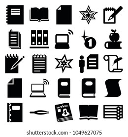 Book icons. set of 25 editable filled book icons such as book, tweezers, explosion, feather and paper, notepad, paper, man and document, magazine, laptop