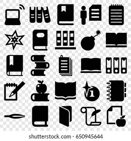 Book icons set. set of 25 book filled icons such as book, tweezers, explosion, feather and paper, paper and apple, paper, laptop, binder