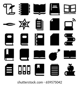 Book icons set. set of 25 book filled icons such as book, tweezers, explosion, feather and paper, paper, laptop, binder