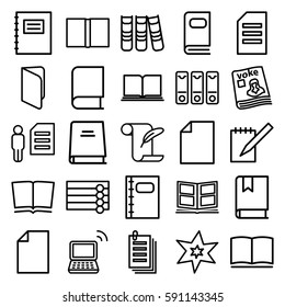 book icons set. Set of 25 book outline icons such as wooden wall, explosion, feather and paper, paper, magazine, laptop, notebook, binder, book, photo album, notepad