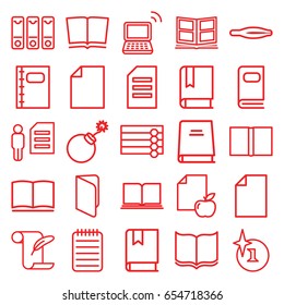 Book icons set. set of 25 book outline icons such as wooden wall, tweezers, explosion, book, feather and paper, paper and apple, laptop, notebook, binder, photo album, paper