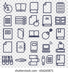 Book icons set. set of 25 book outline icons such as wooden wall, tweezers, explosion, paper and apple, laptop, notebook, binder, photo album, paper, notepad