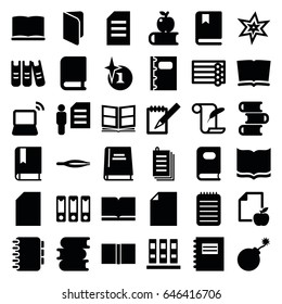 Book icons set. set of 36 book filled icons such as wooden wall, book, tweezers, explosion, feather and paper, paper and apple, paper, laptop, binder, photo album