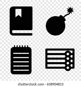 Book icons set. set of 4 book filled icons such as wooden wall, explosion, notebook