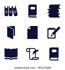 book icons set. Set of 9 book filled icons such as book, feather and paper, notebook, binder, photo album