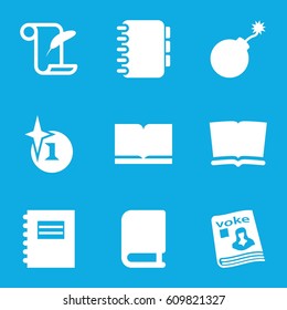 Book icons set. set of 9 book filled icons such as explosion, feather and paper, magazine, notebook, book