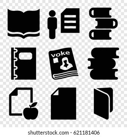 Book icons set. set of 9 book filled icons such as book, paper and apple, magazine, notebook, man and document