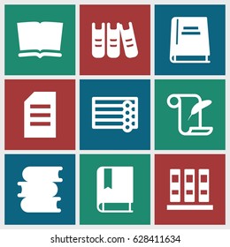 Book icons set. set of 9 book filled icons such as wooden wall, book, feather and paper, binder