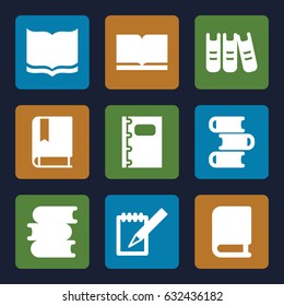 Book icons set. set of 9 book filled icons such as book, notebook