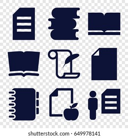 Book icons set. set of 9 book filled icons such as book, feather and paper, paper and apple, notebook, man and document