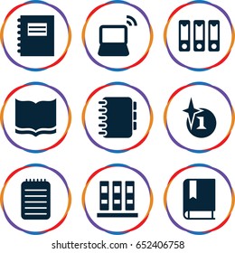 Book icons set. set of 9 book filled icons such as explosion, book, laptop, notebook, binder