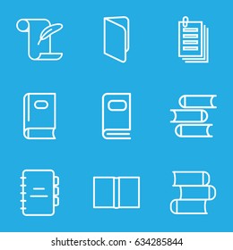 Book icons set. set of 9 book outline icons such as book, feather and paper, paper, photo album