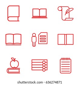 Book icons set. set of 9 book outline icons such as wooden wall, feather and paper, notebook