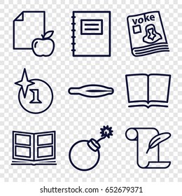 Book icons set. set of 9 book outline icons such as tweezers, explosion, feather and paper, paper and apple, magazine, photo album, book