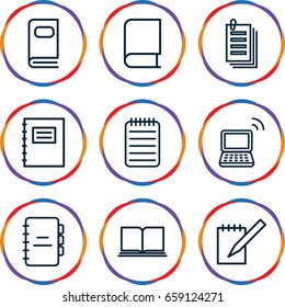 Book icons set. set of 9 book outline icons such as paper, laptop, notebook, photo album, notepad