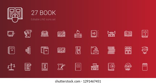 book icons set. Collection of book with audiobook, office, notebook, literature, phone book, law, books, stationary, sharpener, open furniture. Editable and scalable icons.