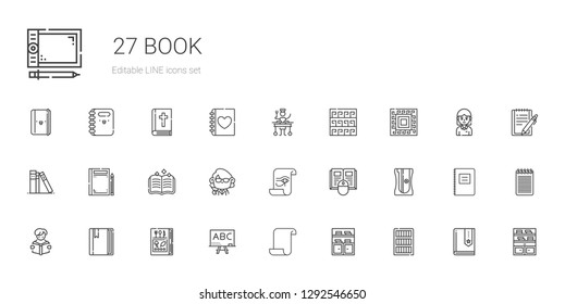 book icons set. Collection of book with bookcase, bookshelf, paper, blackboard, reading, sharpener, teacher, spellbook, library, pattern, large. Editable and scalable book icons.