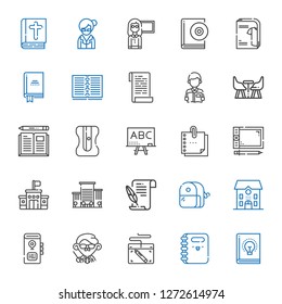 book icons set. Collection of book with notebook, graphic tablet, teacher, school, sharpener, literature, office, sticky note, blackboard, furniture. Editable and scalable book icons.